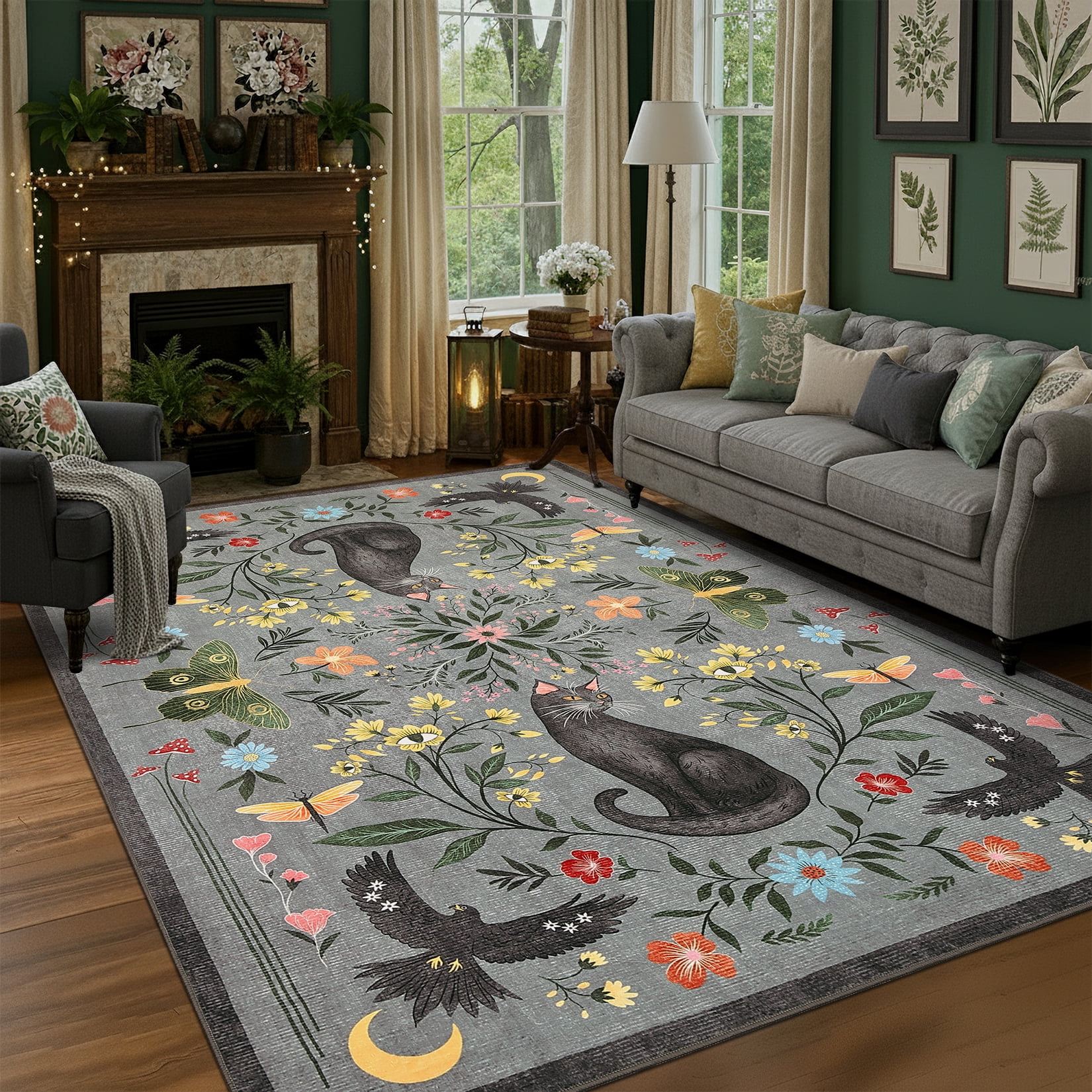 Garvee 5'x7' Boho Area Rug Cat Floral Pattern Carpet, Vintage Washable Rug Non-Slip Indoor Accent Carpet for Living Room Bedroom Home Office, Gray
