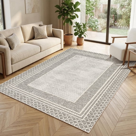 Garvee 5'x7' Bordered Area Rug Neutral Geometric Carpet, Soft Low Pile Non Slip Washable Rug Bohemian Indoor Floor Mat for Living Room Bedroom Home Office, Camel
