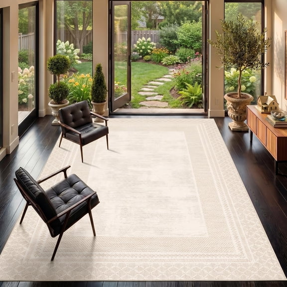 Garvee 5'x7' Bordered Area Rug Neutral Geometric Carpet, Soft Low Pile Non Slip Washable Rug Bohemian Indoor Floor Mat for Living Room Bedroom Home Office, Beige