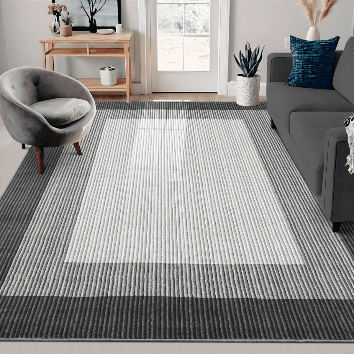 Garvee 5'x7' Bordered Area Rugs for Living Room Bedroom Modern Low Pile Non Slip Area Rug, Black Gray