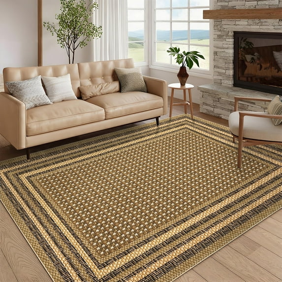Garvee 5'x7' Bordered Print Area Rug Washable Rugs, Non Slip Modern Geometric Rug Stain Resistant Indoor Carpet for Living Room Bedroom Dining Room, Linen