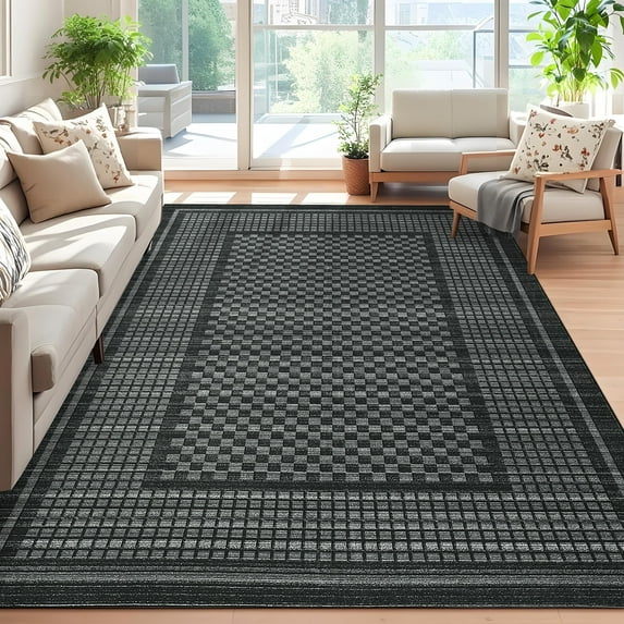 Garvee 5'x7' Checkered Area Rugs Modern Geometric Carpet, Soft Low Pile Accent Rug Washable Rug with Non-Slip Backing for Living Room Bedroom Office, Black