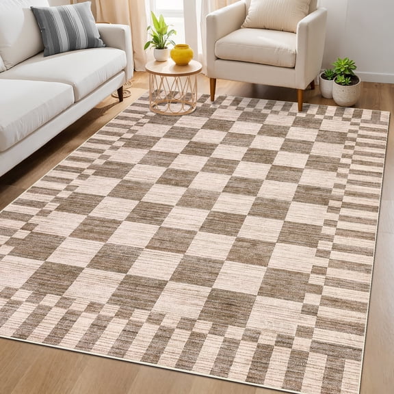 Garvee 5'x7' Checkered Area Rugs Modern Geometric Rug, Washable Non-Slip Low Pile Indoor Carpet for Living Room Bedroom Dining Room, Light Brown