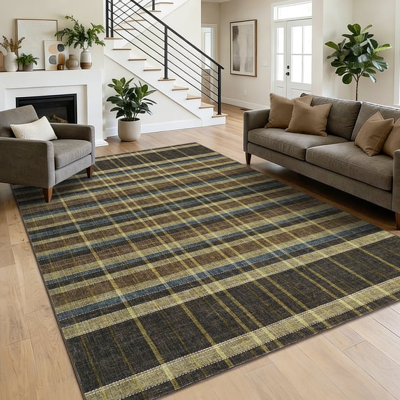 Garvee 5'x7' Checkered Plaid Area Rug Modern Geometric Carpet, Woven Textured Washable Rug with Non-Slip Backing for Living Room Bedroom Home Decor, Brown Coffee
