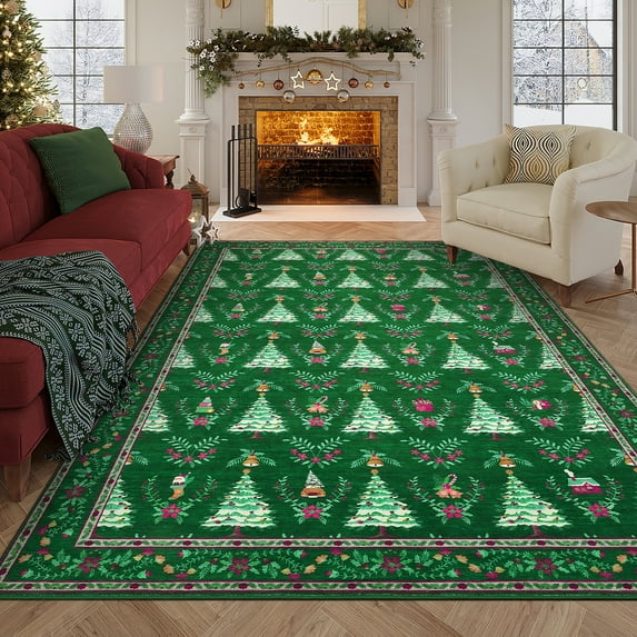 Garvee 5'x7' Christmas Area Rug Bordered Printed Rugs, Washable Xmas Rugs Non-Slip Stain Resistant Carpet Holiday Decorative Indoor Mats for Living Room Bedroom Home Office, Green