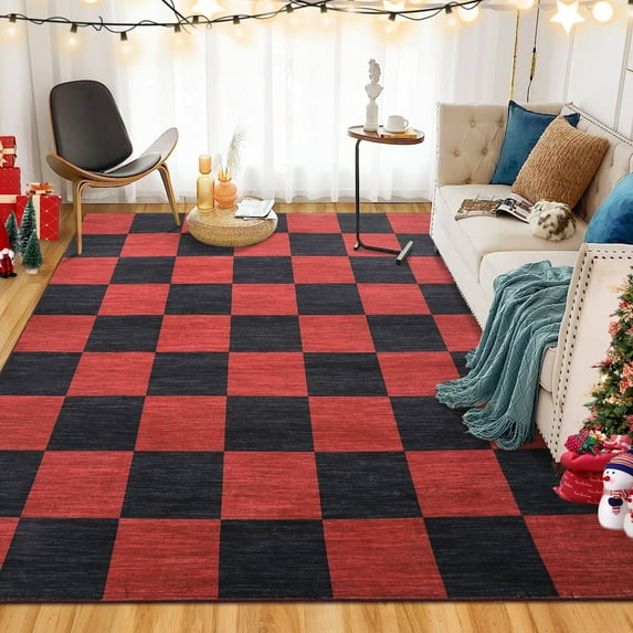 Garvee 5'x7' Christmas Area Rug Checkered Indoor Carpet, Washable Rugs Geometric Non-Slip Rug Low Pile Floor Mats for Living Room Bedroom Holiday Decor, Red and Black