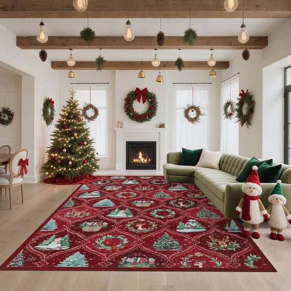 Garvee 5'x7' Christmas Area Rug Festive Xmas Decor Carpet with Snowman, Reindeer & Xmas Tree Pattern, Washable Non Slip Rug for Living Room Bedroom Home Office, Red