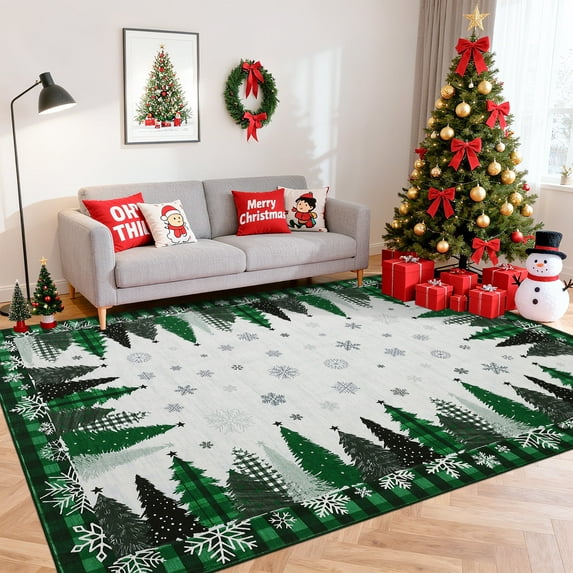 Garvee 5'x7' Christmas Area Rug Plaid Border Carpet, Washable Holiday Decorative Rug Non Slip Snowflake Christmas Tree Rug for Living Room Bedroom Home Office, Green