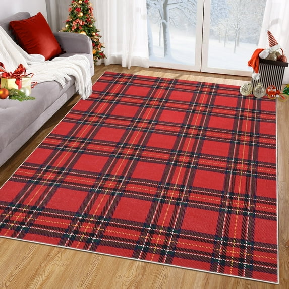 Garvee 5'x7' Christmas Area Rug Washable Plaid Living Room Rug, Non-Slip Stain Resistant Rugs Holiday Home Decor Indoor Floor Mat for Bedroom Dining Room, Red