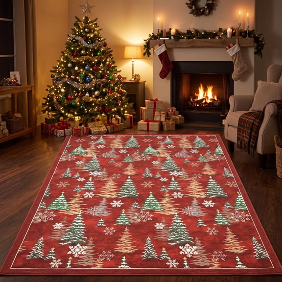 Garvee 5'x7' Christmas Tree Area Rug Snowflake Xmas Decor Carpet, Washable Non Slip Indoor Mat for Living Room Bedroom Holiday Decor, Red