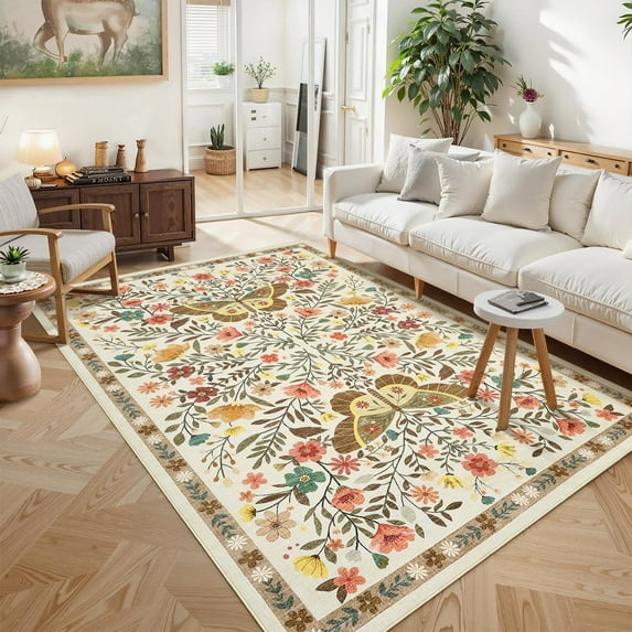 Garvee 5'x7' Farmhouse Floral Area Rug Botanical Butterfly Printed Carpet, Washable Rug with Non Slip TPR Backing Low Pile Indoor Mat for Living Room Bedroom Office, Beige