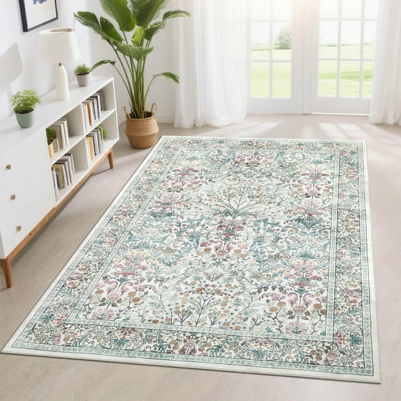 Garvee 5'x7' Farmhouse Floral Area Rug Washable Rug with Non Slip TPR Backing, Soft Boho Rug Vintage Botanical Print Carpet for Living Room Bedroom Home Office, Beige