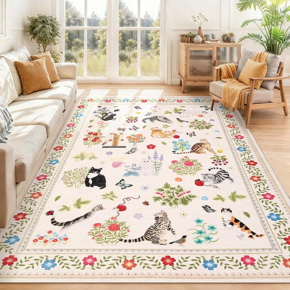 Garvee 5'x7' Floral Area Rug Animal Cat Carpet, Washable Boho Rugs Non Slip Low Pile Soft Indoor Floor Mat for Living Room Bedroom Dining Room, Beige