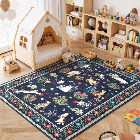 Garvee 5'x7' Floral Area Rug Animal Cat Carpet, Washable Boho Rugs Non Slip Low Pile Soft Indoor Floor Mat for Living Room Bedroom Dining Room, Blue