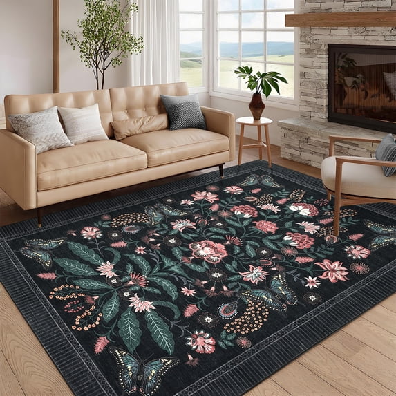 Garvee 5'x7' Floral Area Rug Geometric Bordered Carpet, Butterfly Printed Rug Washable Non Slip Rug for Living Room Bedroom Farmhouse, Black