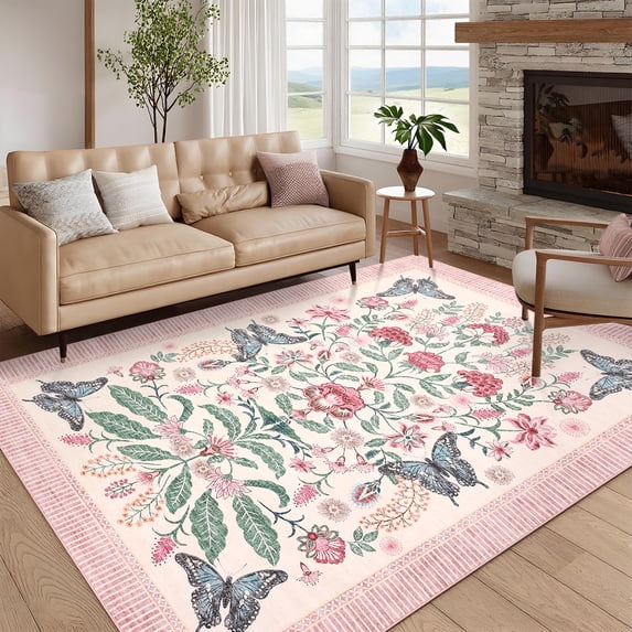 Garvee 5'x7' Floral Area Rug Geometric Bordered Carpet, Butterfly Printed Rug Washable Non Slip Rug for Living Room Bedroom Farmhouse, Pink