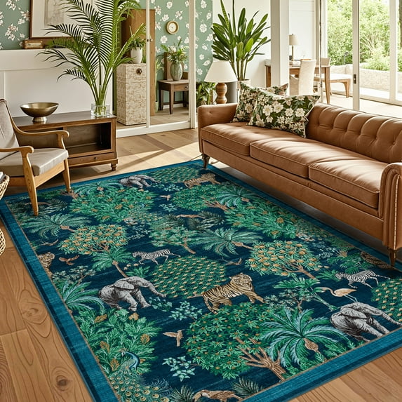 Garvee 5'x7' Floral Area Rug Modern Animal Jungle Throw Carpet, Washable Rug Stain Resistant Rug Non Slip Indoor Mat for Living Room Bedroom Home Office, Blue