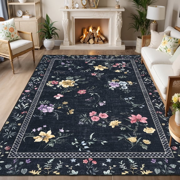 Garvee 5'x7' Floral Area Rug Modern Print Bordered Carpet, Washable Rug Non Slip Indoor Floor Mat for Living Room Bedroom Dining Room, Black