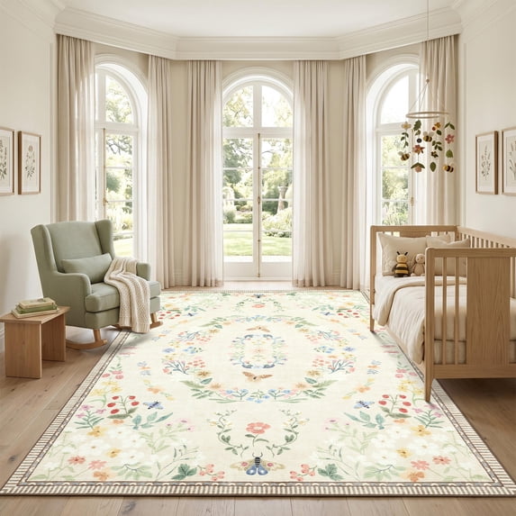 Garvee 5'x7' Floral Area Rug Vintage Botanical Butterfly Carpet, Washable Non-Slip Low Pile Rug for Living Room Bedroom Dining Room Home Decor, Beige