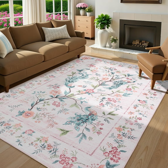 Garvee 5'x7' Floral Peacock Area Rug Animal Print Rug, Washable Rug Stain-Resistant Indoor Carpet with Non-Slip Backing for Living Room Bedroom Dining Room Office, Pink