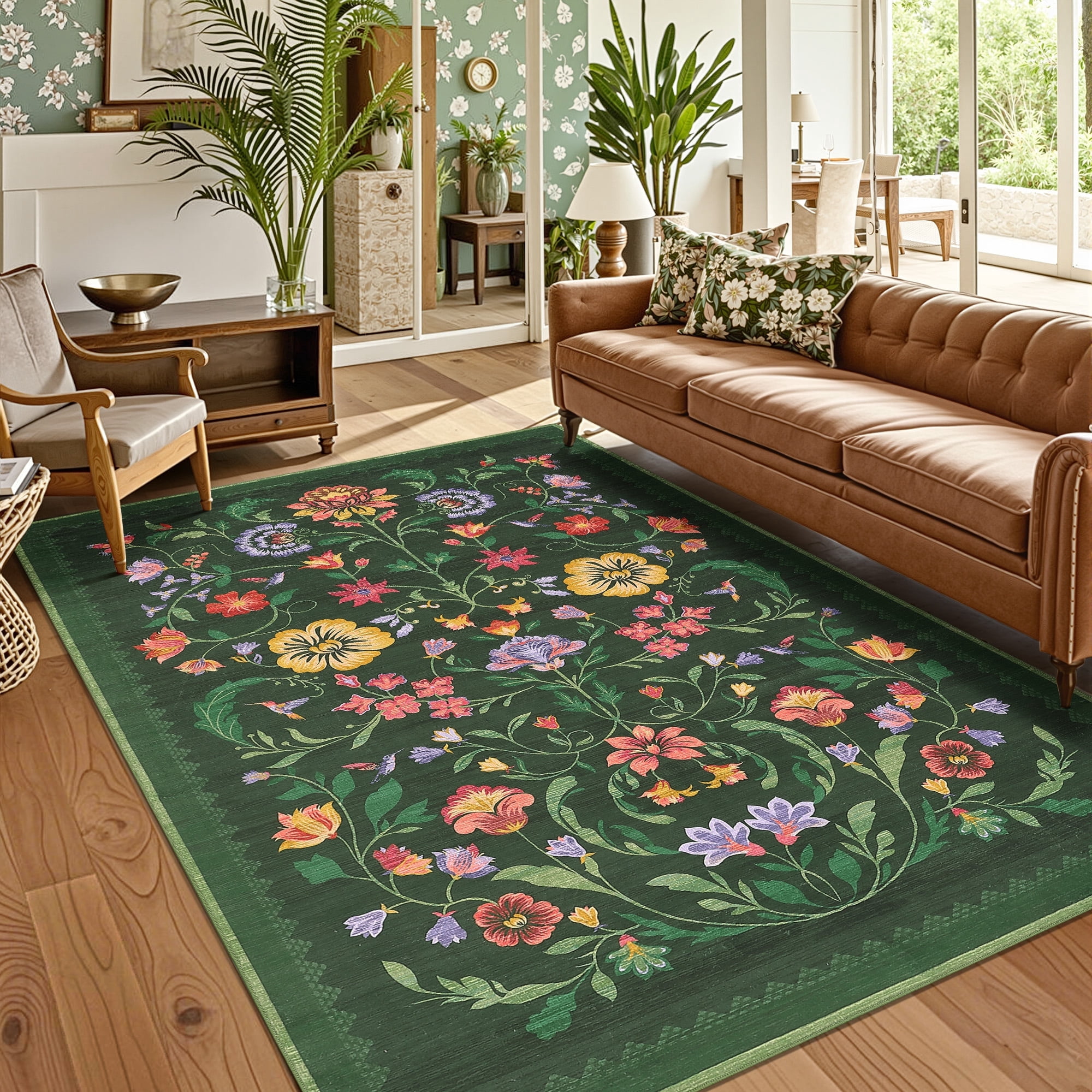 Garvee 5'x7' Floral Printed Area Rug Vintage Soft Rug, Washable Low Pile Rug Stain Resistant Farmhouse Indoor Carpets with Non Slip Backing for Living Room Bedroom Playroom, Green