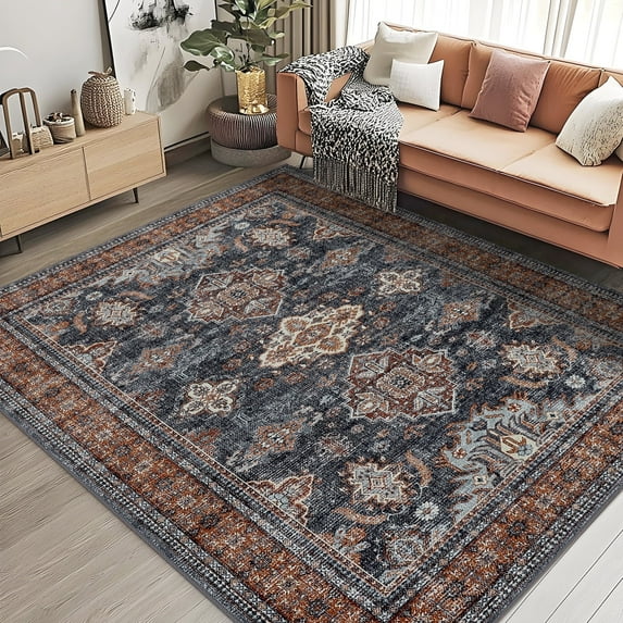 Garvee 5'x7' Vintage Area Rug Medallion Rugs, Washable Rug Oriental Traditional Distressed Rug, Non-Slip Farmhouse Indoor Carpet for Bedroom Living Room Home Office, Blue and Orange