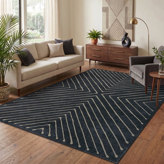 Garvee 5'x7' Geometric Area Rug Distressed Striped Decorative Carpet, Non‑Slip Washable Indoor Rug for Living Room Bedroom Home Office, Black