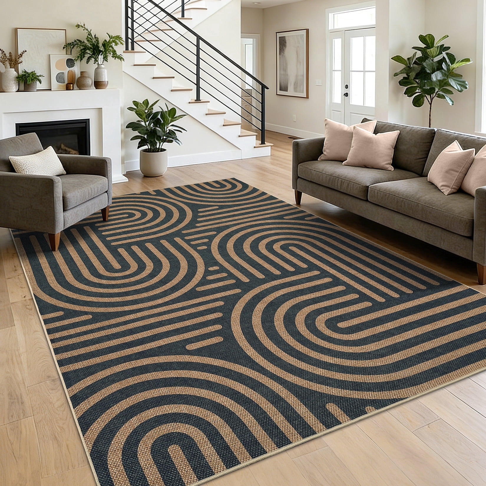Garvee 5'x7' Geometric Area Rug Easy Jute Carpet, Abstract Washable Rug Rainbow Non Slip Indoor Outdoor Accent Rug for Living Room Bedroom Dining Room Balcony Patio, Black Coffee