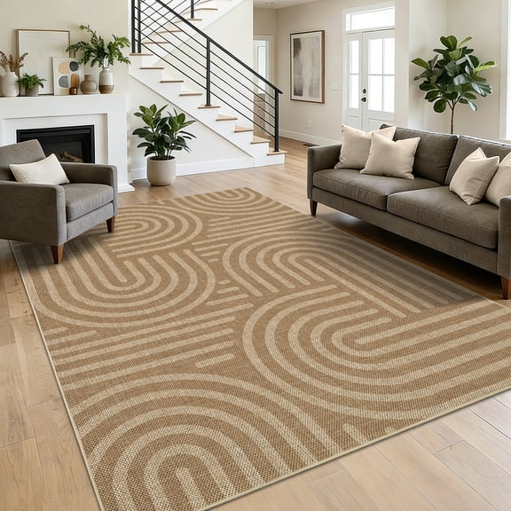 Garvee 5'x7' Geometric Area Rug Easy Jute Carpet, Abstract Washable Rug Rainbow Non Slip Indoor Accent Rug for Living Room Bedroom Dining Room, Linen