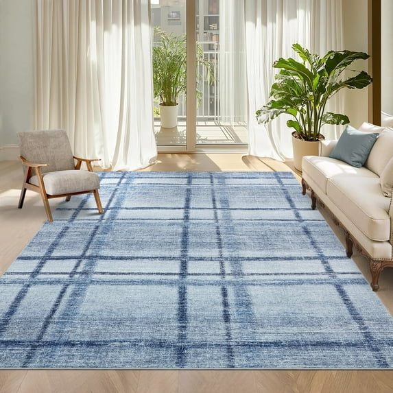 Garvee 5'x7' Geometric Area Rug Modern Plaid Rugs, Soft Washable Rugs Non Slip Low Pile Indoor Carpet for Living Room Bedroom Home Office, Blue