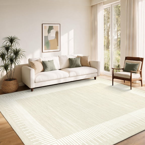 Garvee 5'x7' Geometric Striped Bordered Area Rug Modern Solid Carpet, Washable Non Slip Rug for Living Room Bedroom Home Office, Beige
