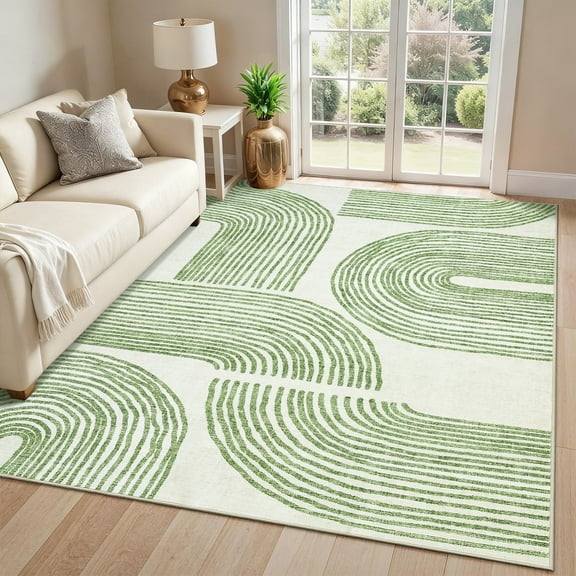 Garvee 5'x7' Modern Abstract Area Rug Washable Rugs, Rainbow Stripe Carpet with Non-Slip Backing Low Pile Floor Mat for Living Room Bedroom Home Office, Green
