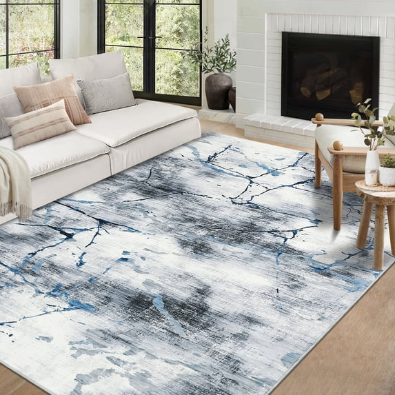 Garvee 5'x7' Modern Abstract Area Rugs Marble Design Accent Carpet, Distressed Print Rug Washable Rug with Non-Slip Backing Ultra-Soft Low Pile Indoor Rug for Living Room Bedroom Office, Blue