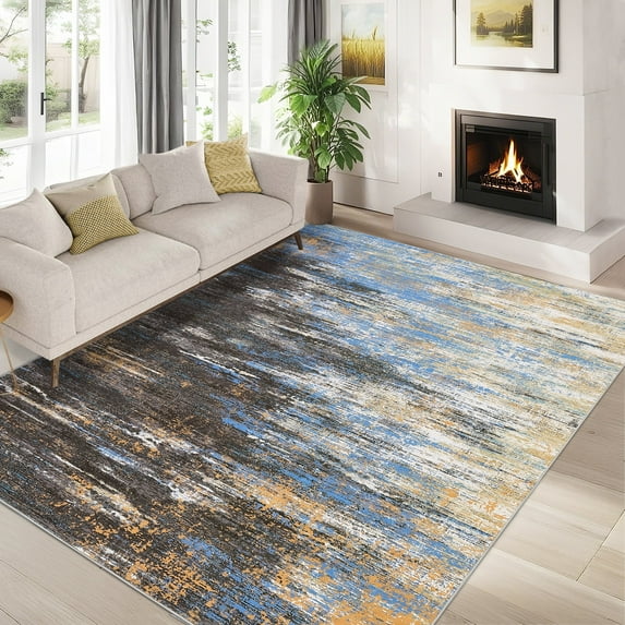 Garvee 5'x7' Modern Abstract Area Rugs Washable Rugs for Living Room, Non-Slip Low Pile Print Rug Soft Indoor Accent Carpet for Bedroom Home Decor, Blue and Brown