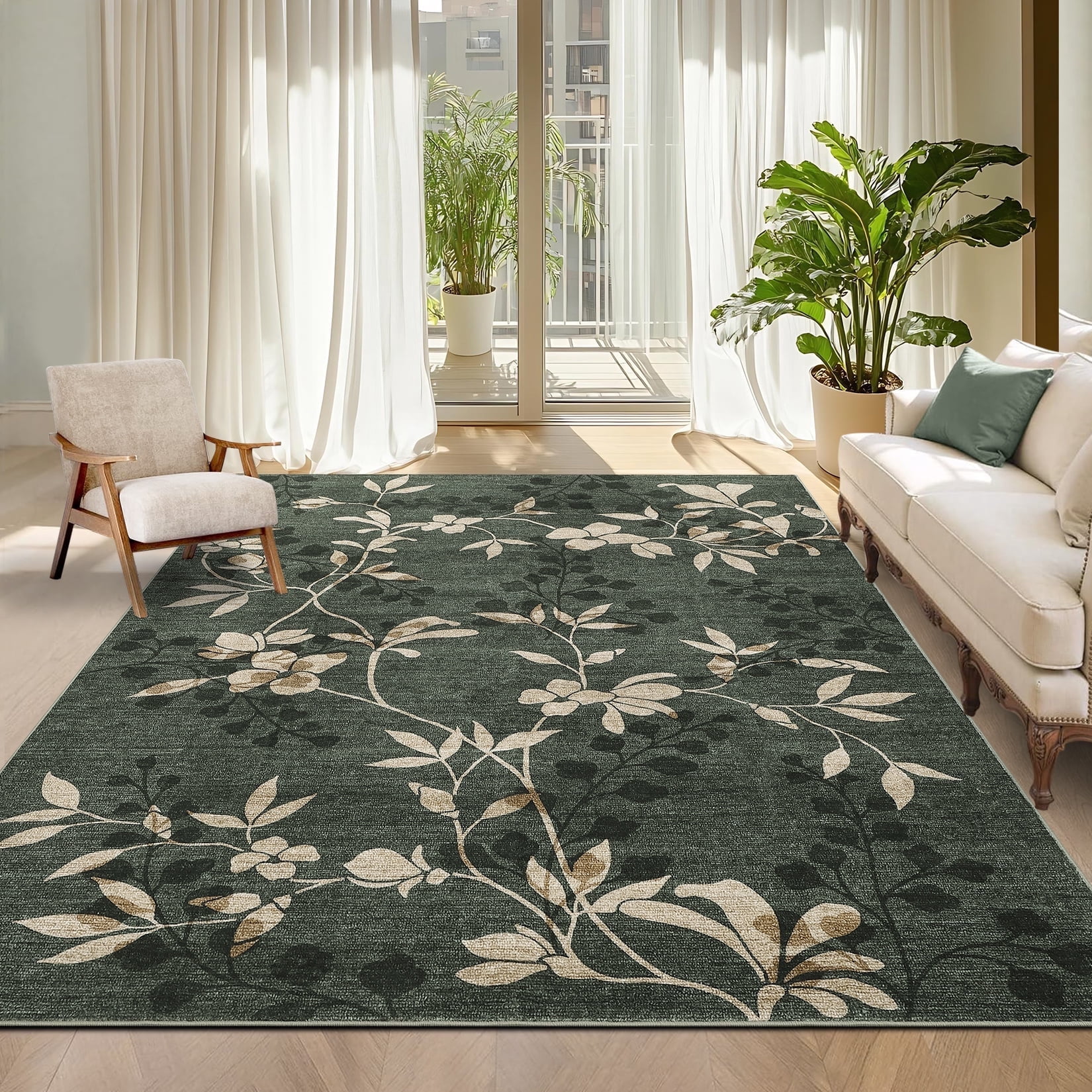 Garvee 5'x7' Modern Area Rug Washable Floral Accent Carpet with Non-Slip Backing, Stain-Resistant Soft Rugs Low Pile Floor Mats, Botanical Print Rug for Living Room, Bedroom, Dining Room, Green
