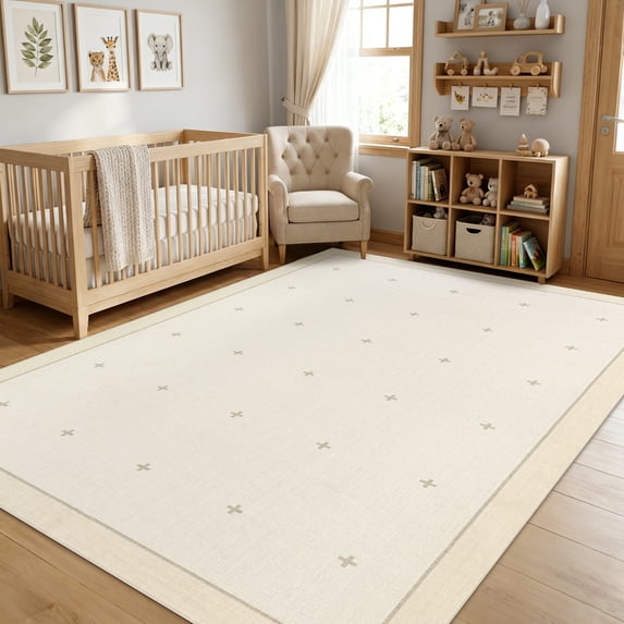Garvee 5'x7' Modern Bordered Area Rug Geometric Carpet with Non Slip Backing, Contemporary Cross Motifs Dot Rug Washable Rug for Living Room Bedroom Home Decor, Beige