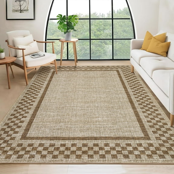 Garvee 5'x7' Modern Bordered Area Rugs Checkered Rug for Living Room Bedroom, Washable Low Pile Rug Stain Resistant Indoor Carpet, Linen