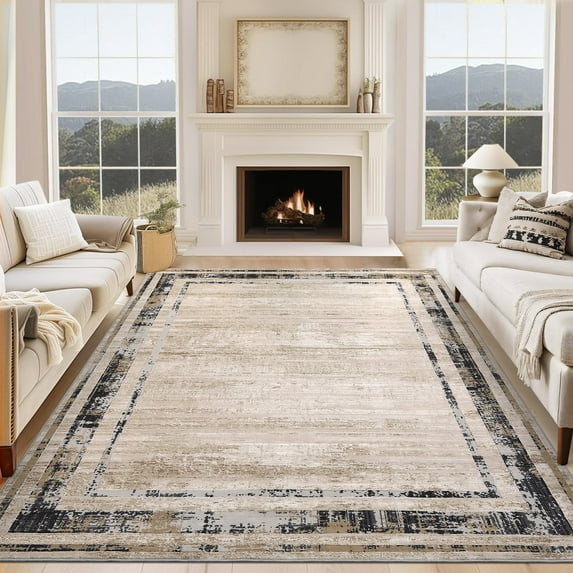 Garvee 5'x7' Bordered Area Rugs Living Room Rug Soft Distressed Carpet, Machine Washable Non Slip Rugs Contemporary Rug for Dining Room Bedroom Home Office, Brown