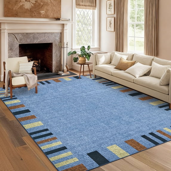 Garvee 5'x7' Modern Bordered Striped Area Rug Washable Geometric Carpet, Low Profile Non Slip Rug for Bedroom Living Room Dining Room, Blue