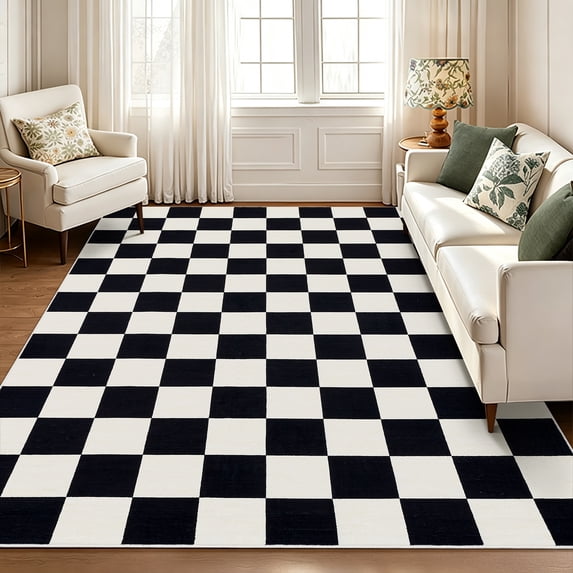 Garvee 5'x7' Modern Checkered Area Rug Classic Geometric Carpet, Washable Non Slip Rug for Living Room Bedroom Home Office, Black