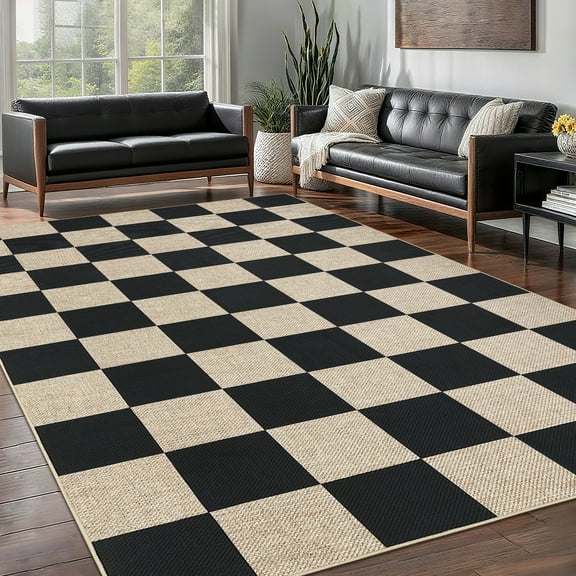 Garvee 5'x7' Modern Checkered Area Rug Easy Jute Carpet, Non Slip Non Shedding Washable Rug Farmhouse Floor Cover for Living Room Bedroom Home Office, Black White
