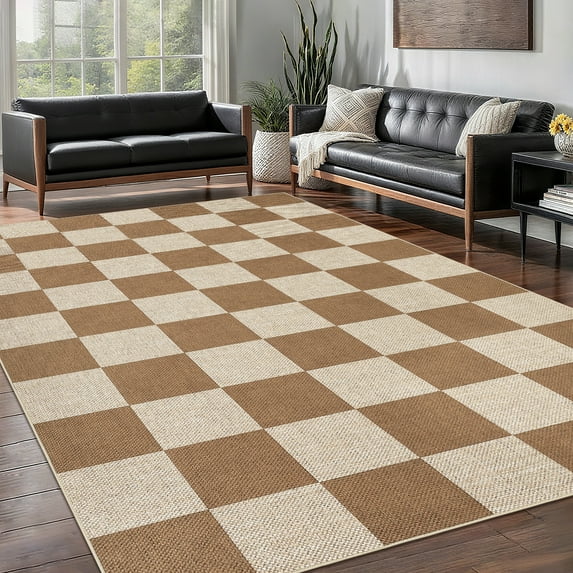 Garvee 5'x7' Modern Checkered Area Rug Easy Jute Carpet, Non Slip Non Shedding Washable Rug Farmhouse Floor Cover for Living Room Bedroom Home Office, Coffee