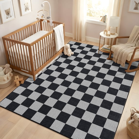 Garvee 5'x7' Modern Checkered Area Rug Geometric Carpet with Non Slip Backing, Washable Low-Pile Rug for Living Room Bedroom Home Office, Black