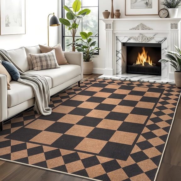 Garvee 5'x7' Checkered Area Rugs Easy Jute Rugs, Washable Non-Slip Modern Geometric Rug Farmhouse Neutral Indoor Outdoor Carpet for Living Room Bedroom Balcony, Black Brown