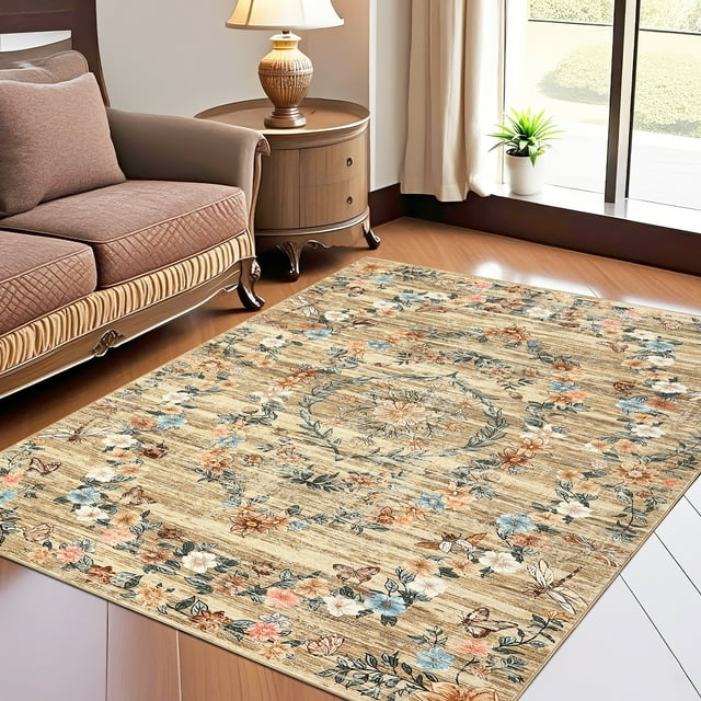 Garvee 5'x7' Modern Floral Print Area Rug Boho Rugs, Non-Slip Washable Rug Stain Resistant Low Pile Indoor Carpet for Living Room Bedroom Home Decor, Brown