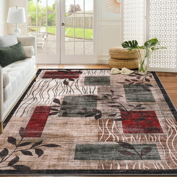 Garvee 5'x7' Modern Leaves Pattern Area Rug Geometric Rug Non-Shedding Stain-Resistant Soft Foldable Accent Carpet, Red/Green