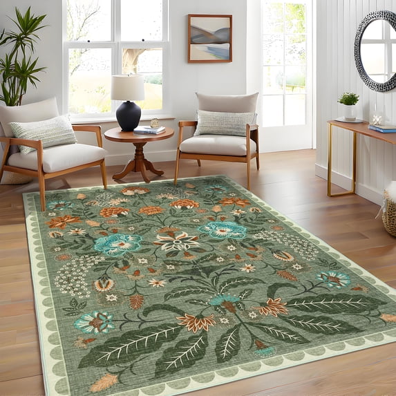 Garvee 5'x7' Modern Retro Floral Area Rug Washable Printed Carpet, Non Slip Low Pile Indoor Rug for Living Room Bedroom Dining Room, Green