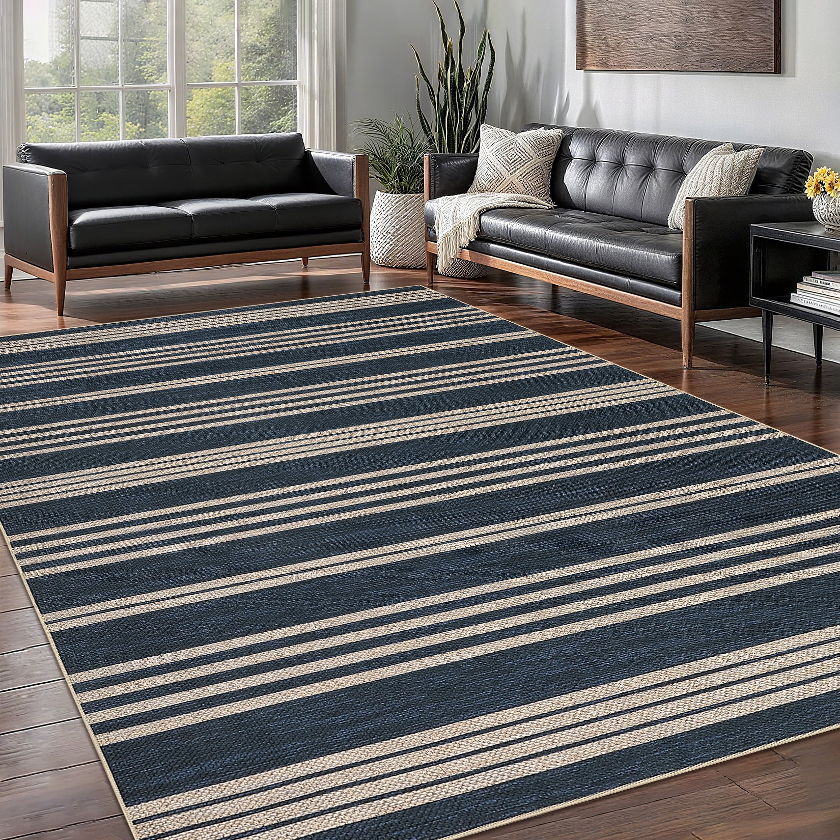 Garvee 5'x7' Modern Striped Area Rugs Easy Jute Rug with Non-Slip Backing, Washable Rug Neutral Print Indoor Outdoor Carpet for Bedroom Living Room Patio, Navy Blue