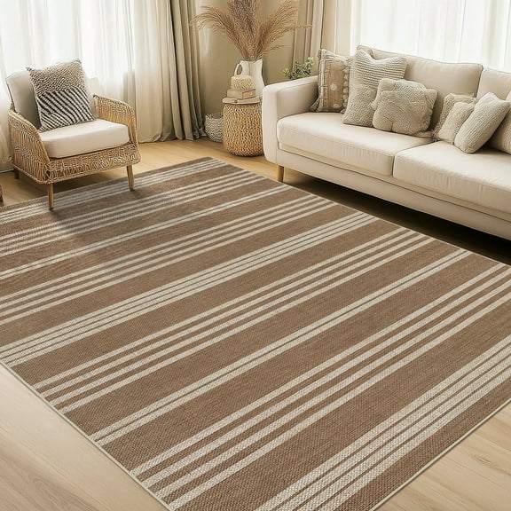 Garvee 5'x7' Modern Striped Area Rugs Easy Jute Rug with Non-Slip Backing, Washable Rug Neutral Print Indoor Outdoor Carpet for Bedroom Living Room Patio, White Coffee