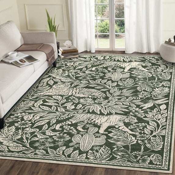 Garvee 5x7 Modern Abstract Print Rugs, Washable Living Room Rug Non Slip Non-Shedding Forest Tiger Floor Rugs Carpet, Soft Stain Resistant Indoor Rug for Dining Room Bedroom, Green